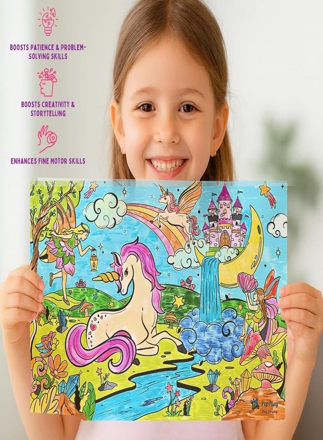 PepPlay Recolourables Mats - Magical Land, 2 Washable placemats, 6 erasable Markers & Microfibre Cloth, Mess-Free, Art, Travel-Friendly, Unicorn Gift for Girls Christmas gift for 3 4 5 6 7 years girls - Image 4
